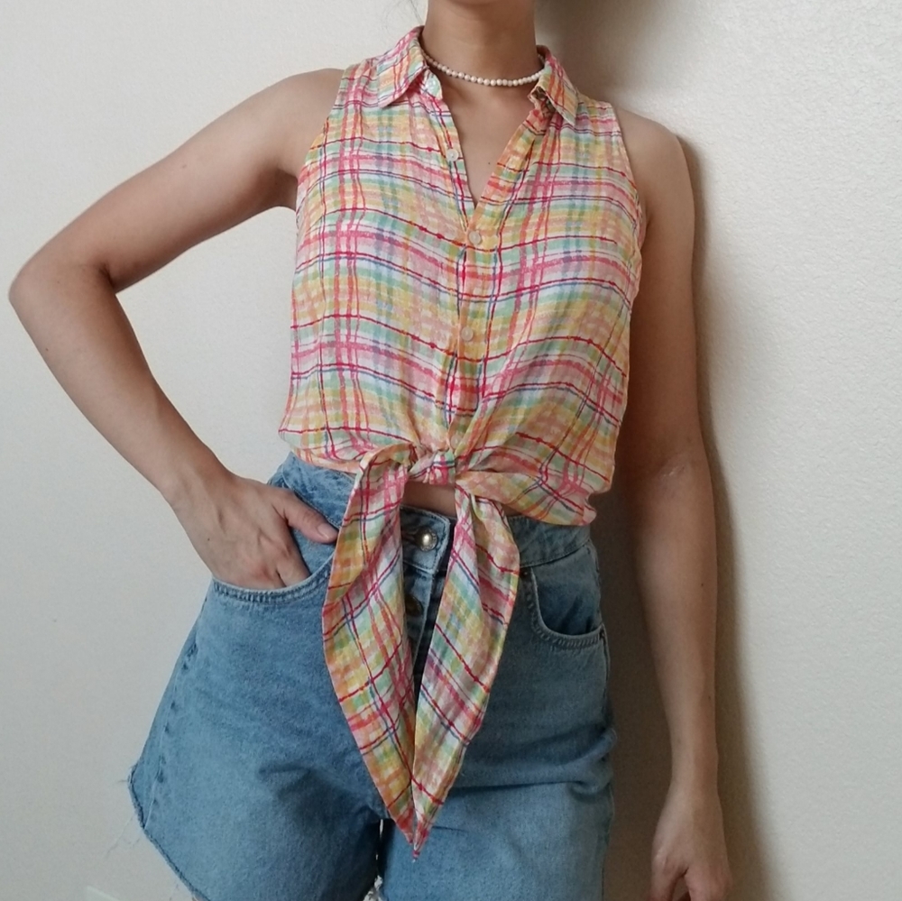 NWOT pastel check printed front tie shirt